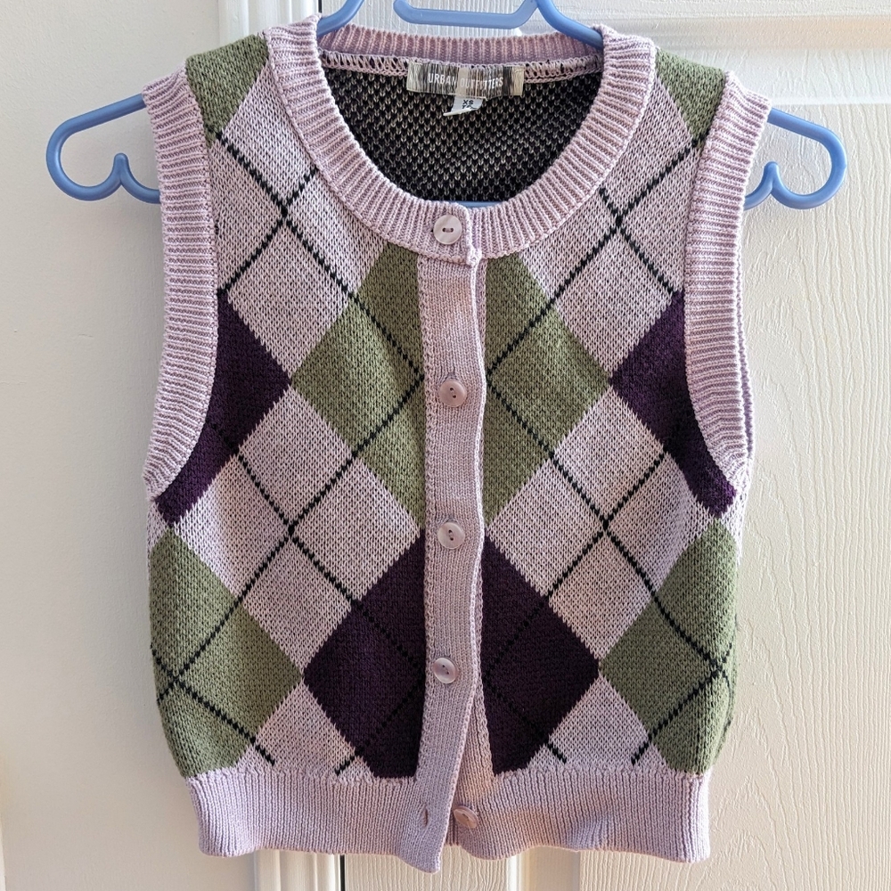 Urban Outfitters Purple Green Argyle Knit Vest (XS)